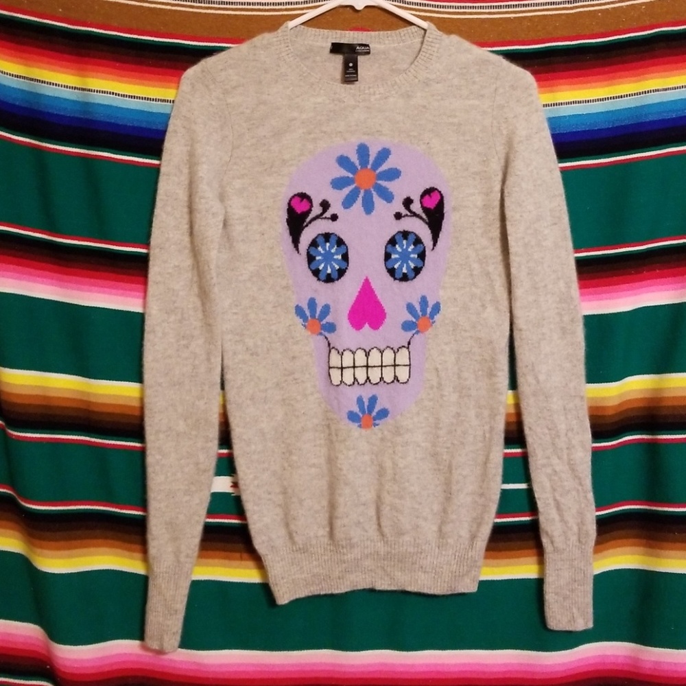 Aqua Gray Crewneck Sweater with Purple & Pink Sugar Skull
